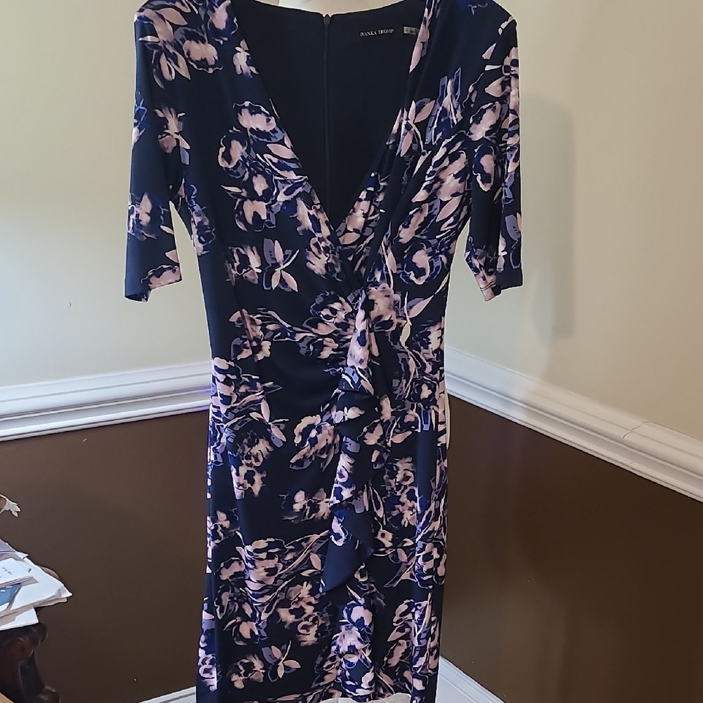 Ivanka Trump Navy and Pink Floral Midi Dress